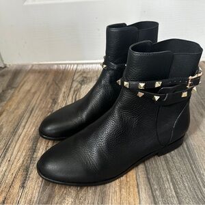 Valentino Garavani Black Leather Ankle Boots with Gold Studs